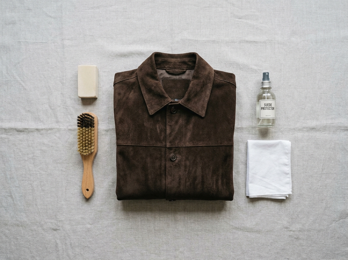Disposition à plat des accessoires pour nettoyer une veste en daim : brosse, gomme, spray imperméabilisant et chiffon