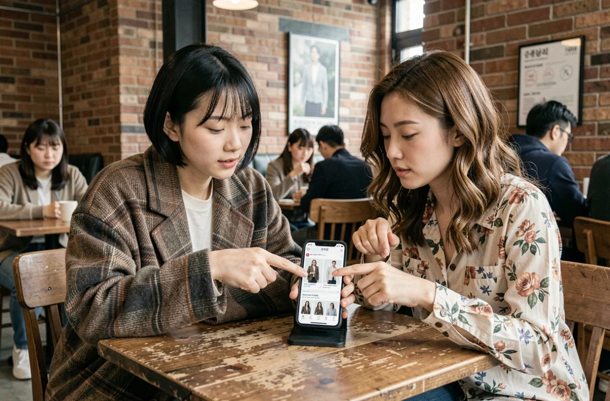 Deux amies en tenues streetwear coréennes cherchant ensemble des alternatives à Yesstyle sur smartphone dans un café urbain