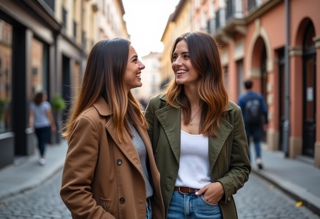 Deux amies avec nouvelles coiffures dans la rue de Toulouse
