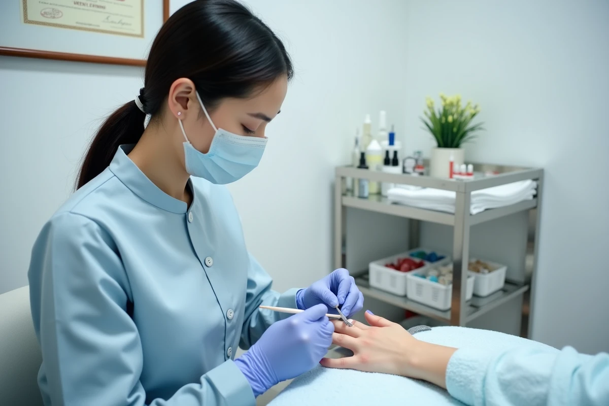 Application d'un antiseptique sur un ongle naturel dans le cadre du protocole anti-infiltration en institut