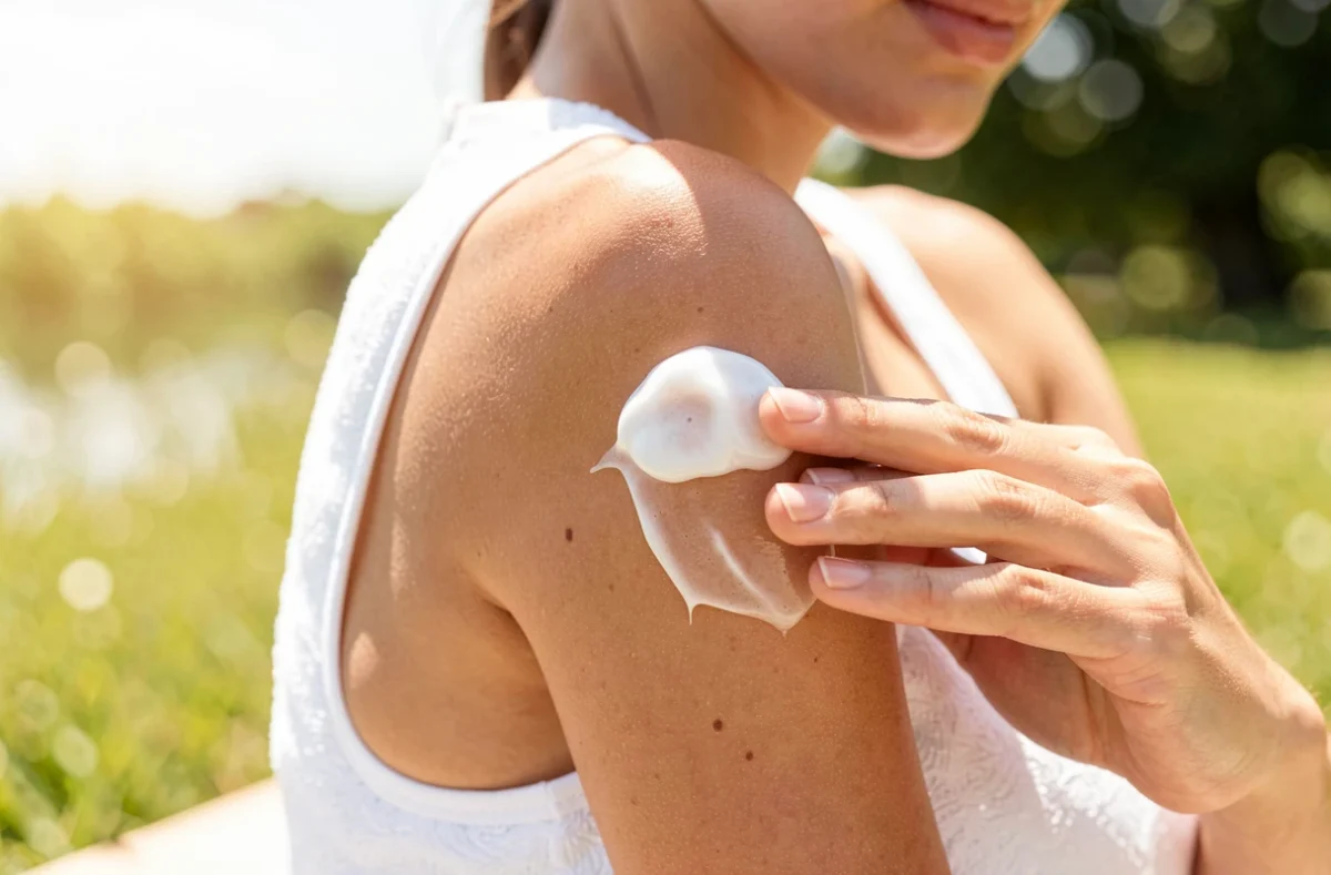Application d'une protection solaire sur l'épaule en plein été