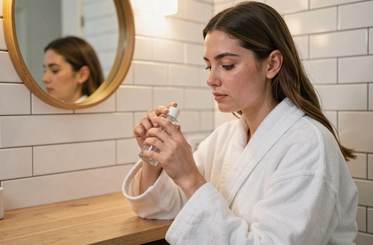 Jeune femme appliquant un tonique astringent Eau Précieuse sur un coton devant un miroir de salle de bain