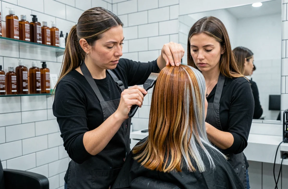 Coiffeuse appliquant une patine froide sur un balayage caramel miel dans un salon de coiffure moderne