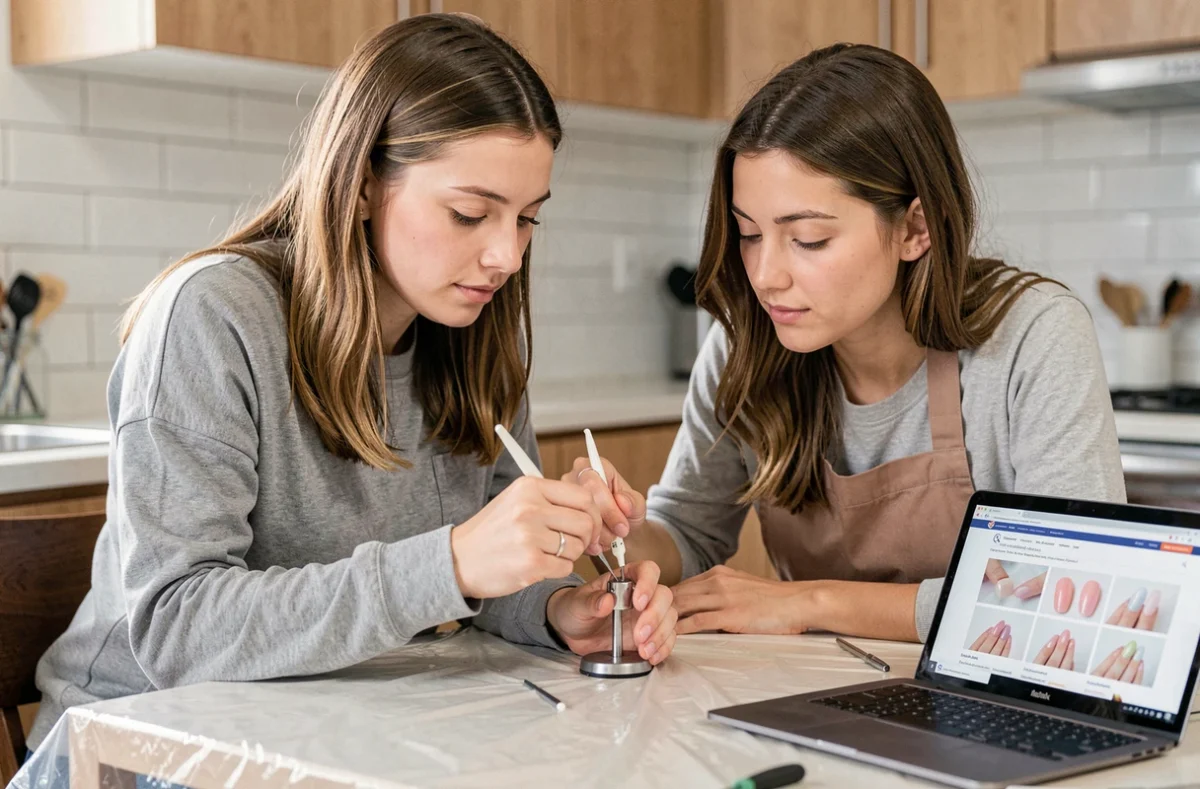 Deux femmes travaillant ensemble sur une technique d'ongle en porcelaine à une table de cuisine, scène d'apprentissage entre débutantes