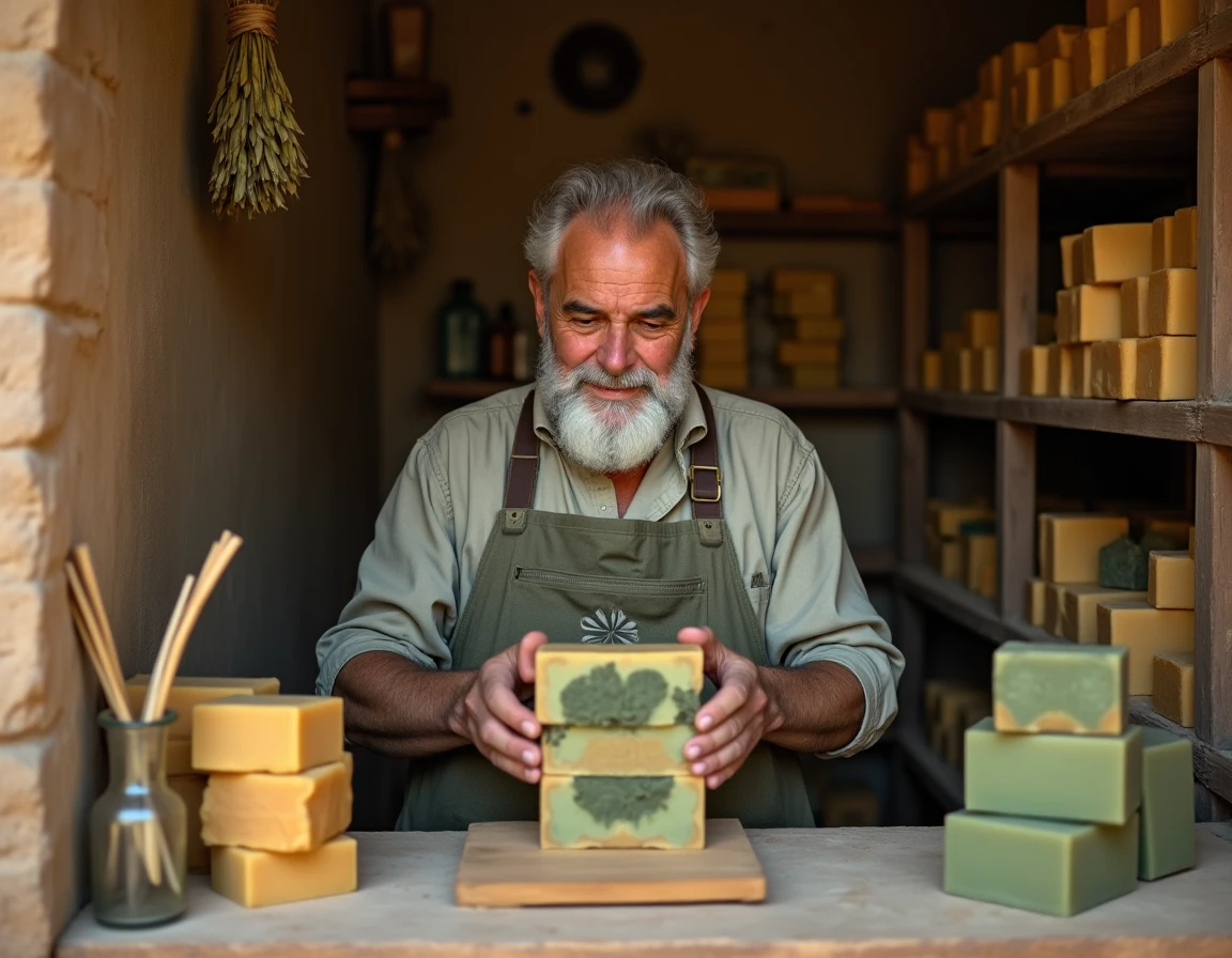 Artisan savonnier inspectant un bloc de savon d'Alep coupé dans un atelier traditionnel libanais