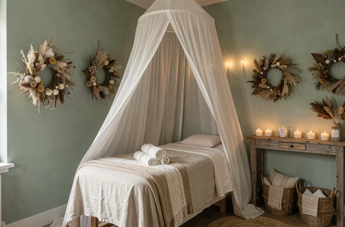 Salle de soin cocooning douillette avec drapés en lin et fleurs séchées chez Au Cocon d'Elise à Saint-Seine-l'Abbaye