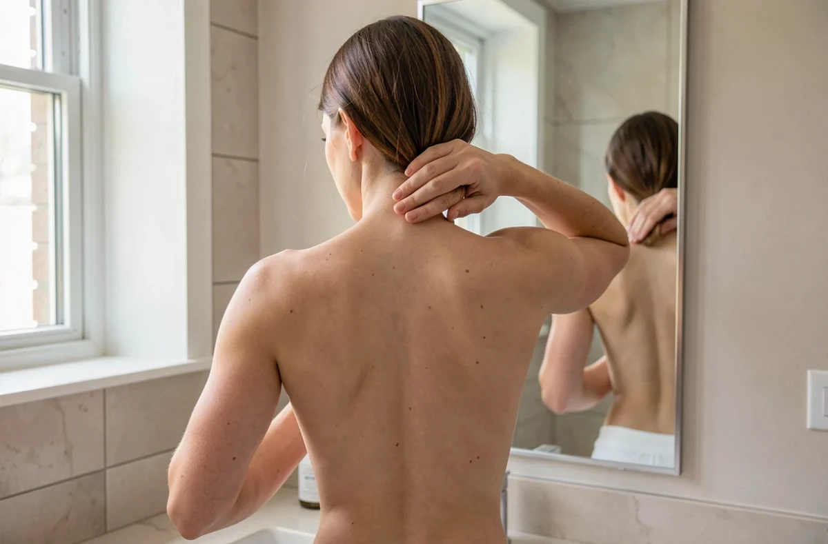 Autoexamen de la peau du dos devant un miroir