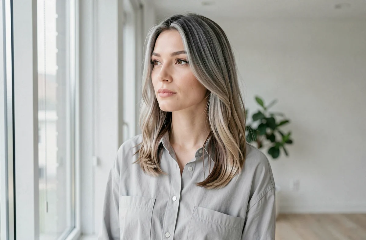 Femme à la peau claire avec balayage blond cendré sur base châtain foncé, photographiée dans un appartement scandinave lumineux