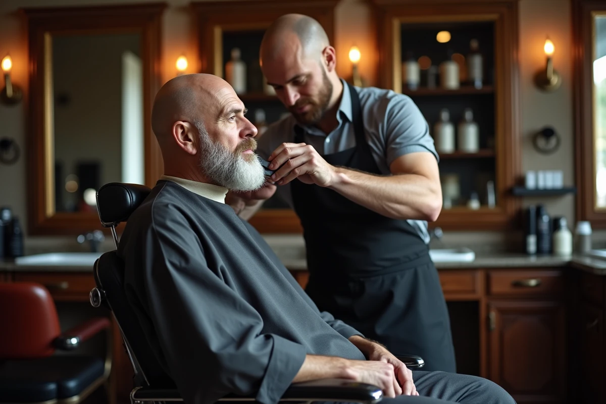 Barbier utilisant une brosse douce sur le crâne rasé d'un client chauve dans un salon de coiffure traditionnel