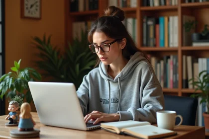Jeune femme geek et passionnée de beauté à son bureau avec produits cosmétiques et figurines de collection