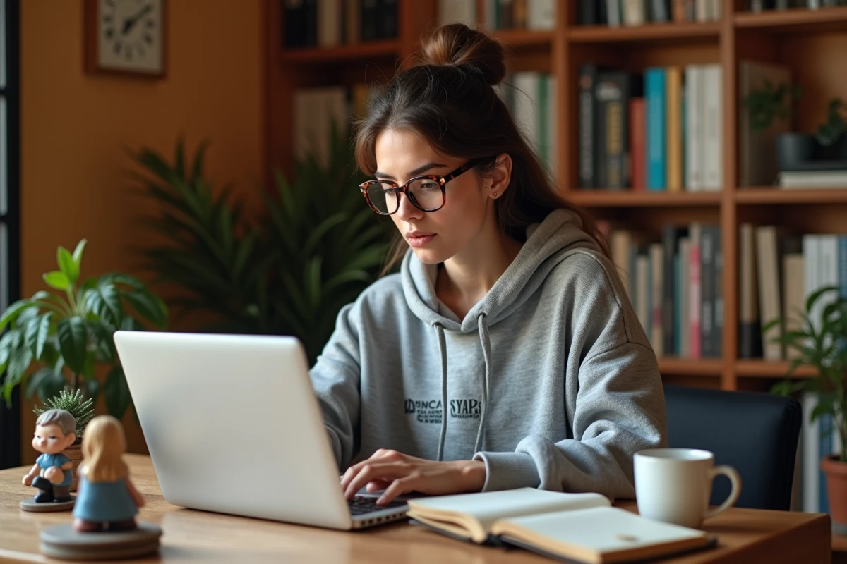 Jeune femme geek et passionnée de beauté à son bureau avec produits cosmétiques et figurines de collection