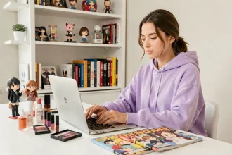 Jeune femme blogueuse beauté et pop culture travaillant sur son blog SEO entourée de produits cosmétiques et de figurines manga sur un bureau minimaliste