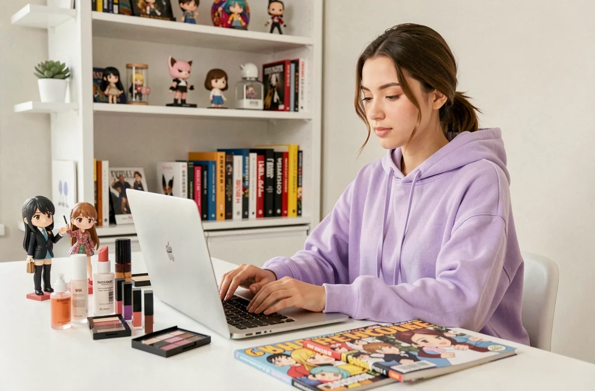 Jeune femme blogueuse beauté et pop culture travaillant sur son blog SEO entourée de produits cosmétiques et de figurines manga sur un bureau minimaliste
