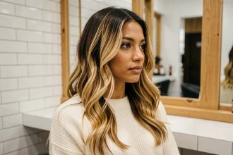 Femme aux cheveux blond miel sur châtain foncé avec peau mate olivâtre, assise dans un salon de coiffure moderne