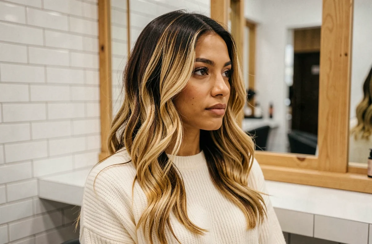 Femme aux cheveux blond miel sur châtain foncé avec peau mate olivâtre, assise dans un salon de coiffure moderne