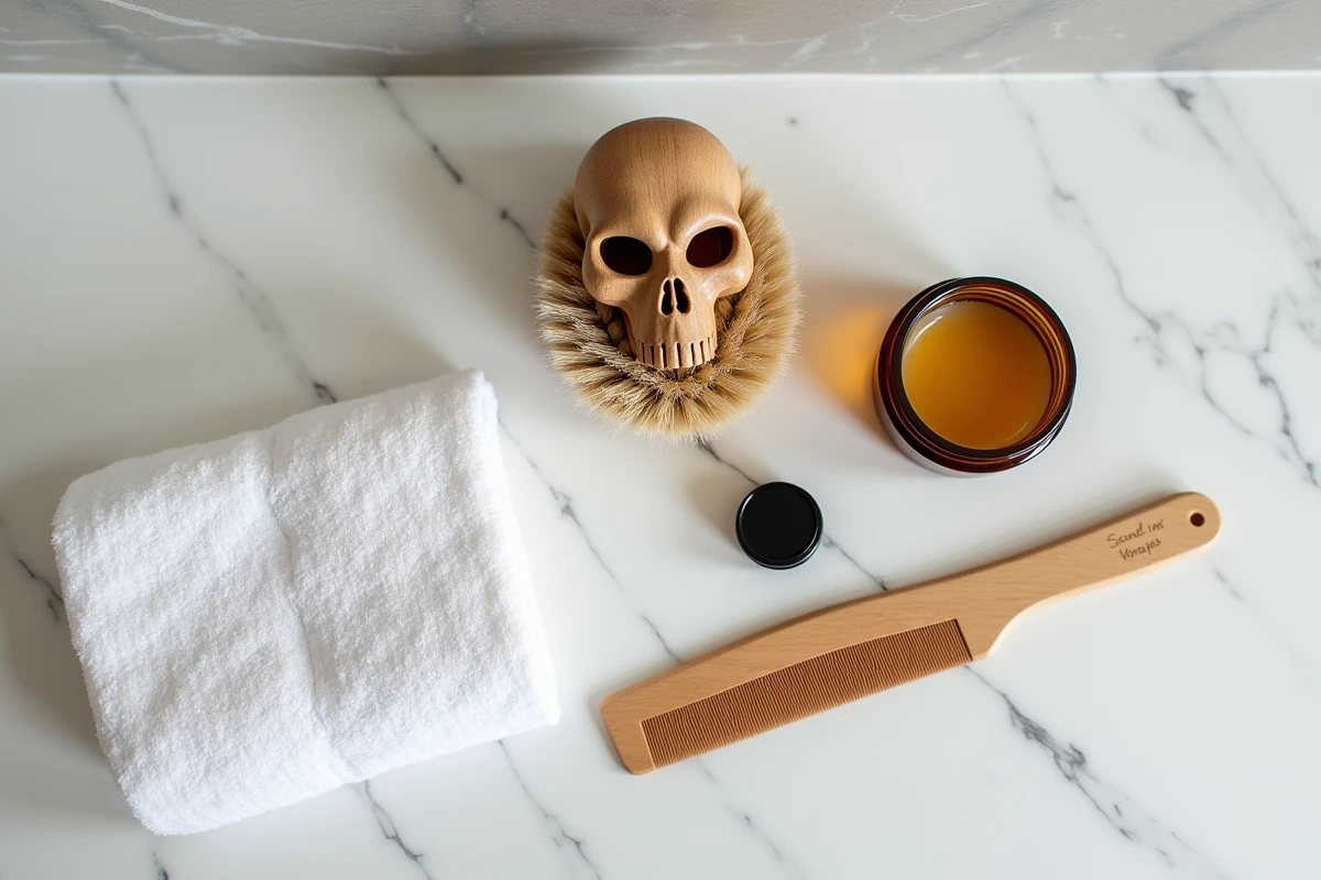 Brosse de crâne et peigne pour chauve disposés en flat lay sur un comptoir en marbre avec accessoires de soin