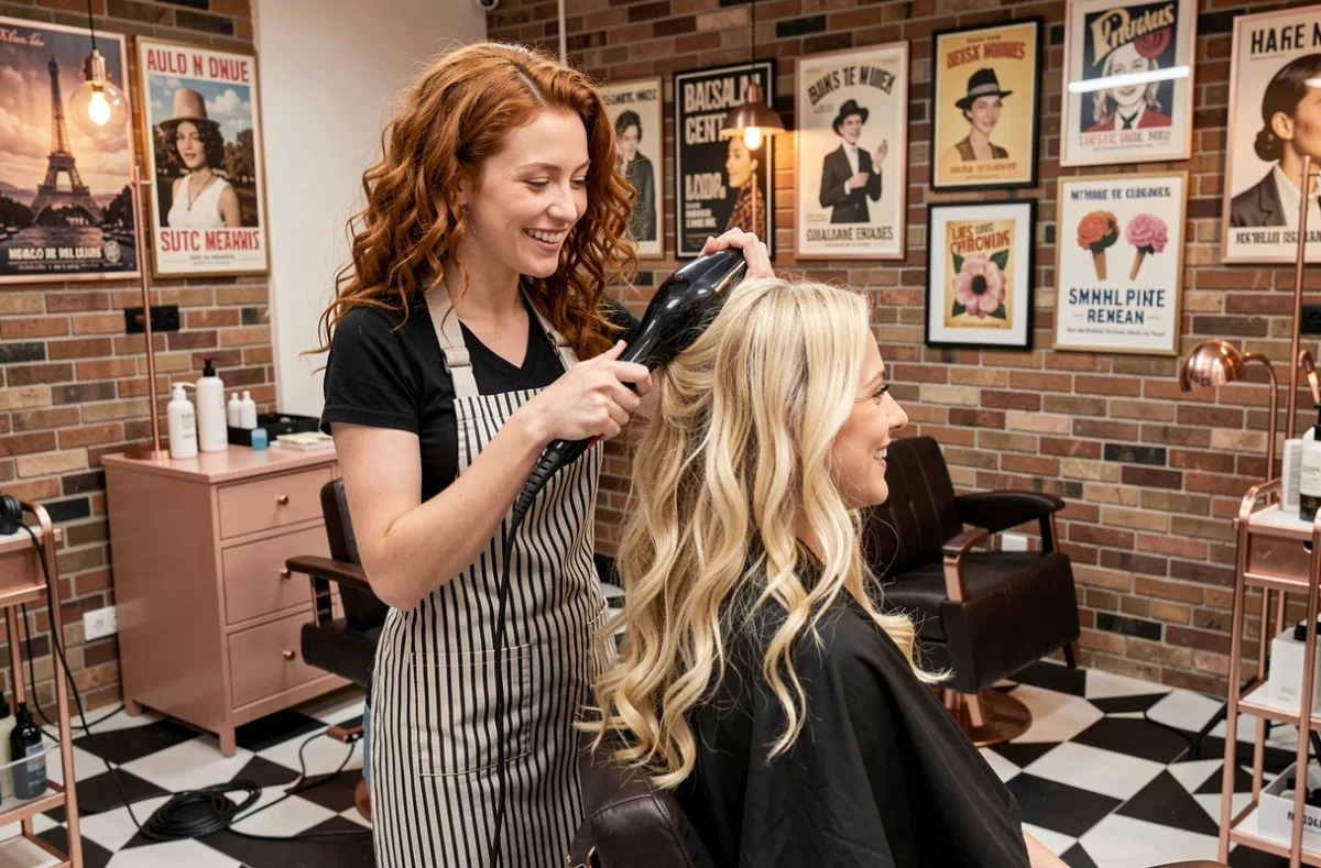 Coiffeuse réalisant un brushing dans le salon tendance Brune Blonde à Strasbourg
