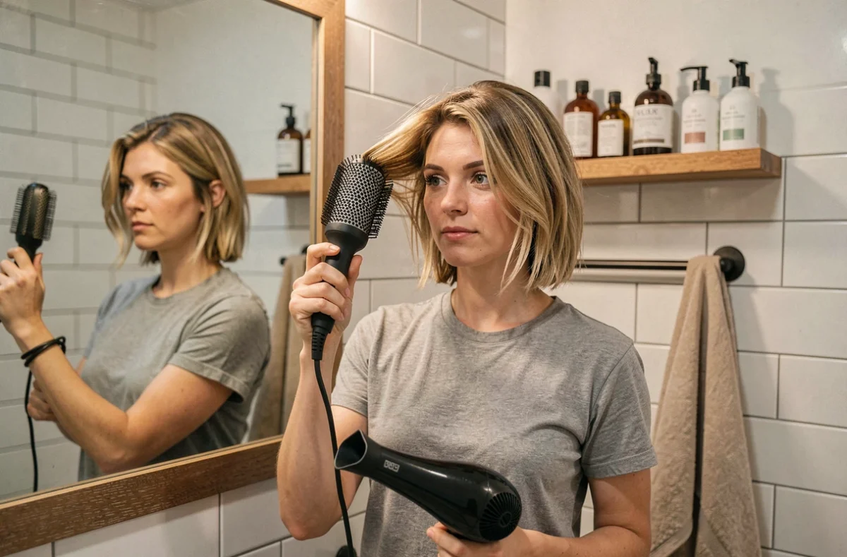 Femme brushing ses cheveux fins et plats pour ajouter du volume à sa coupe courte à la maison