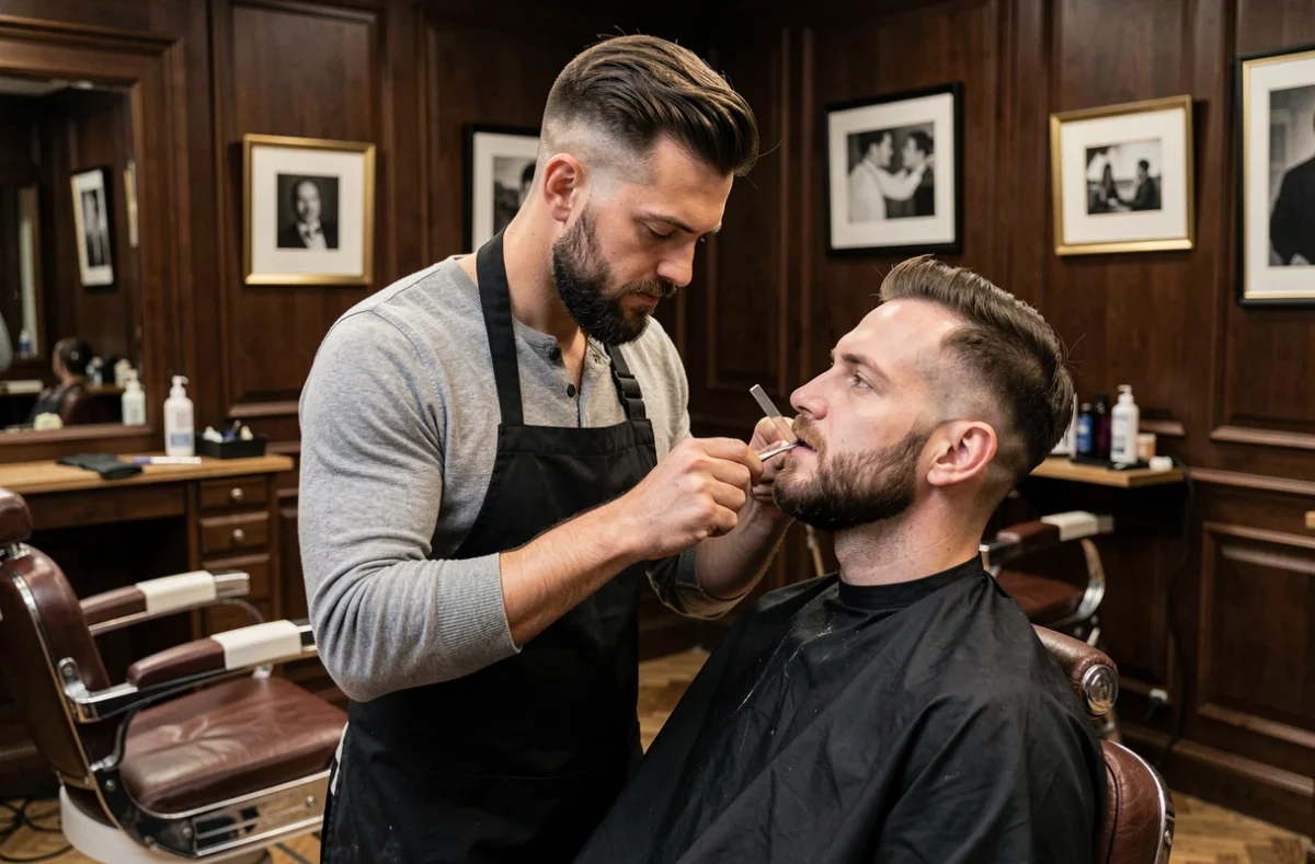Barbier de Buddha Barbe taillant la barbe d'un client dans un barbershop parisien au décor vintage et élégant