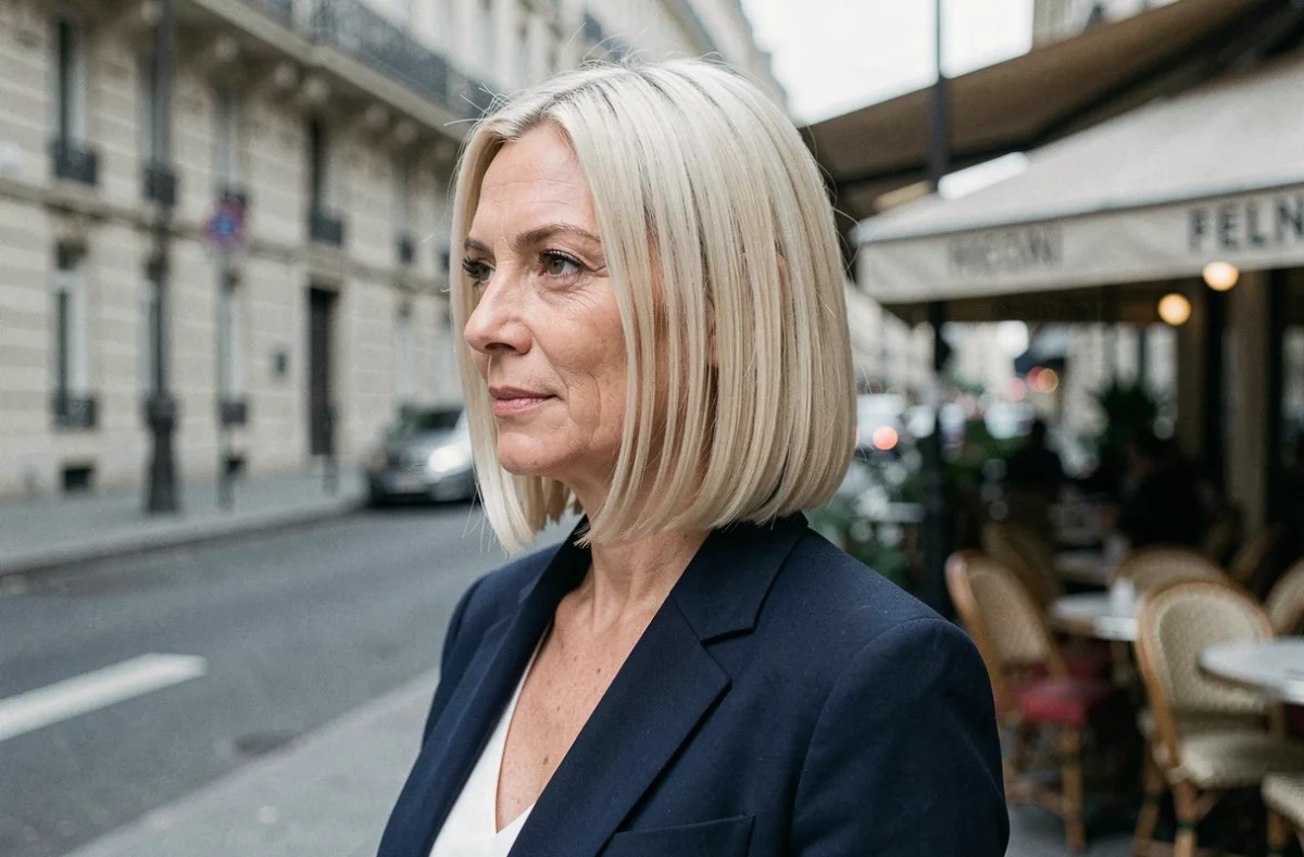 Femme blonde mature avec une coupe carré dégradé élégante dans une rue parisienne