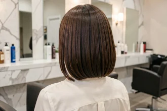 Femme aux cheveux châtains en coupe au carré dégradé vue de dos dans un salon de coiffure moderne