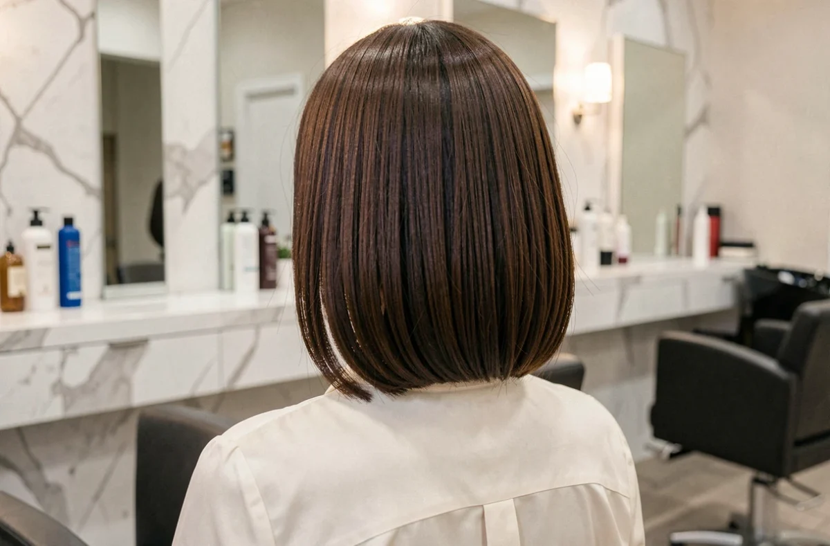 Femme aux cheveux châtains en coupe au carré dégradé vue de dos dans un salon de coiffure moderne