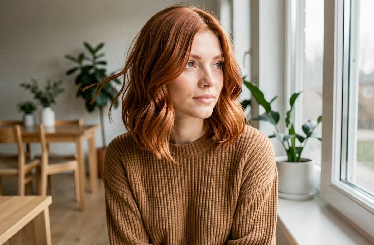 Jeune femme rousse avec un carré dégradé ondulé dans un appartement scandinave lumineux