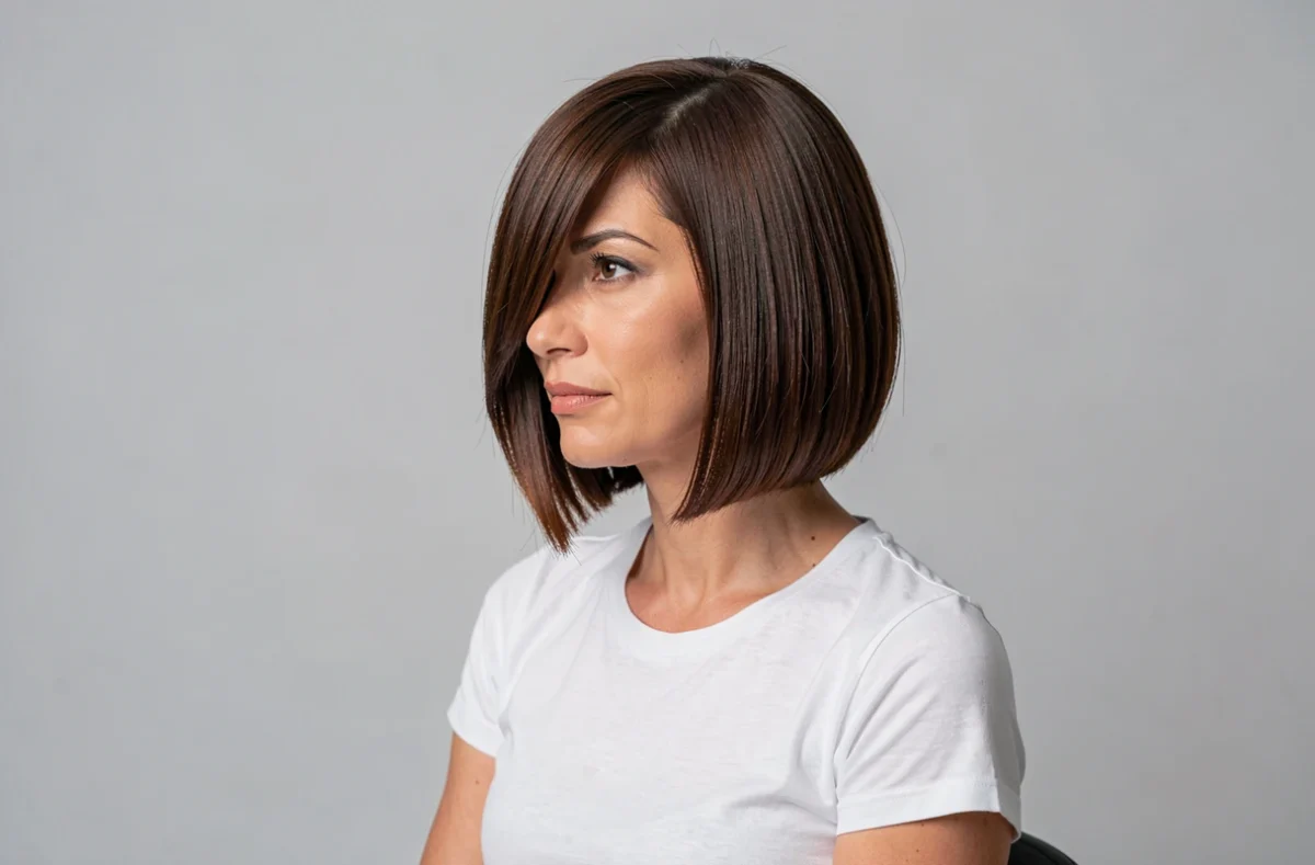 Femme brune avec un carré plongeant dégradé photographiée en studio sur fond gris neutre