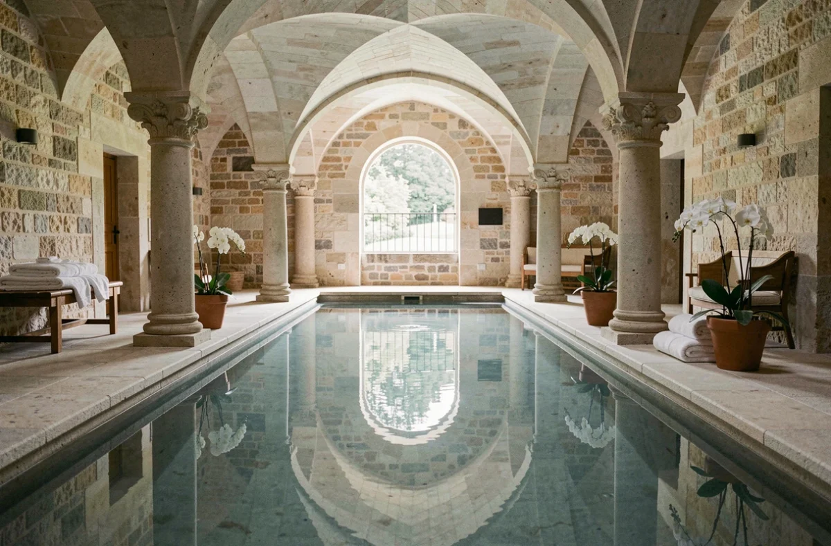 Piscine intérieure luxueuse du Château et Spa de la Cueillette à Meursault avec colonnes en pierre et ambiance château