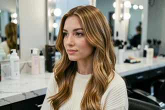 Femme aux cheveux caramel miel avec reflets froids et patine cendrée, photographiée dans un salon de coiffure professionnel