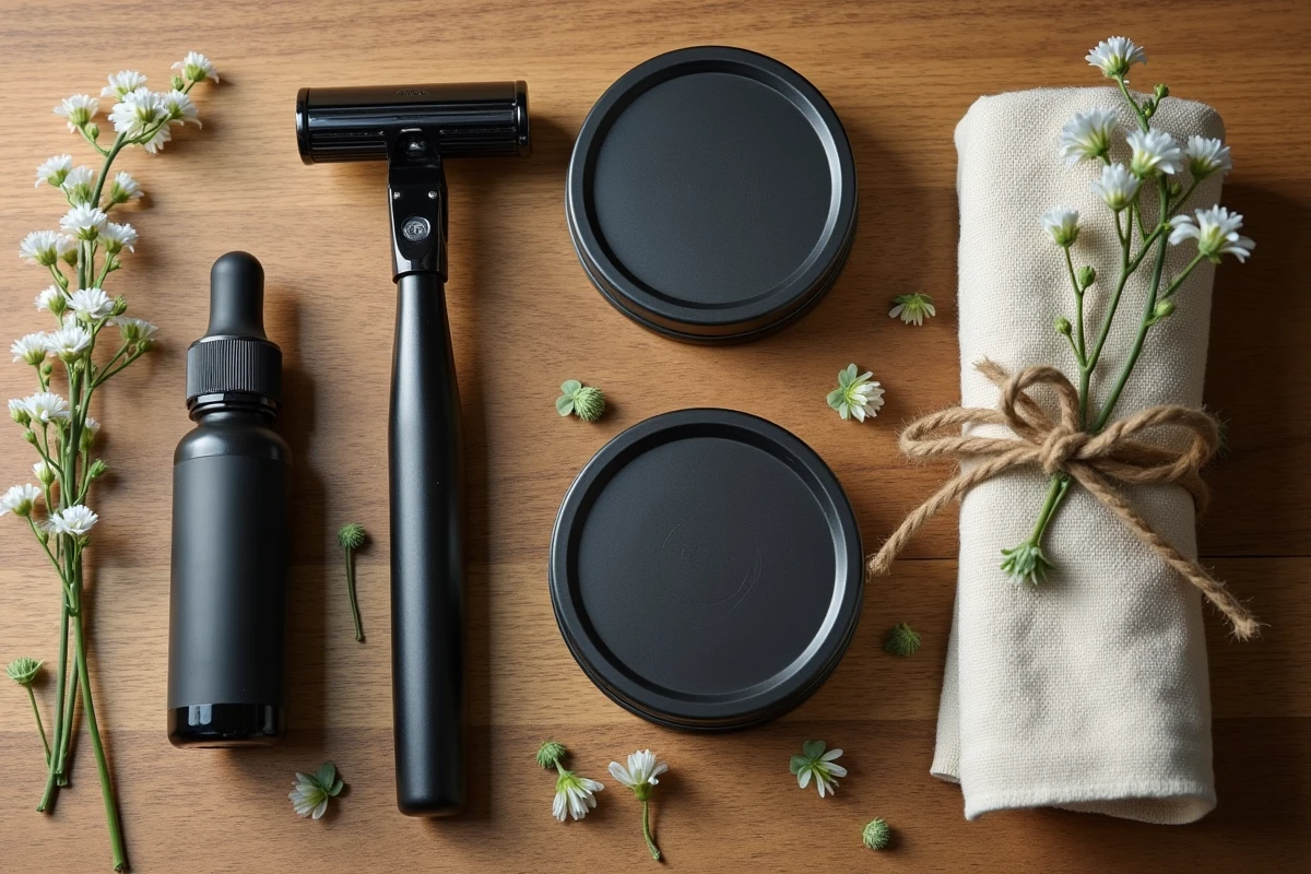 Coffret rasage homme vue de dessus avec rasoir de sûreté, savon, huile pré-rasage et ingrédients botaniques apaisants pour peaux sensibles