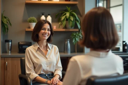 Femme souriante dans un salon de coiffure moderne