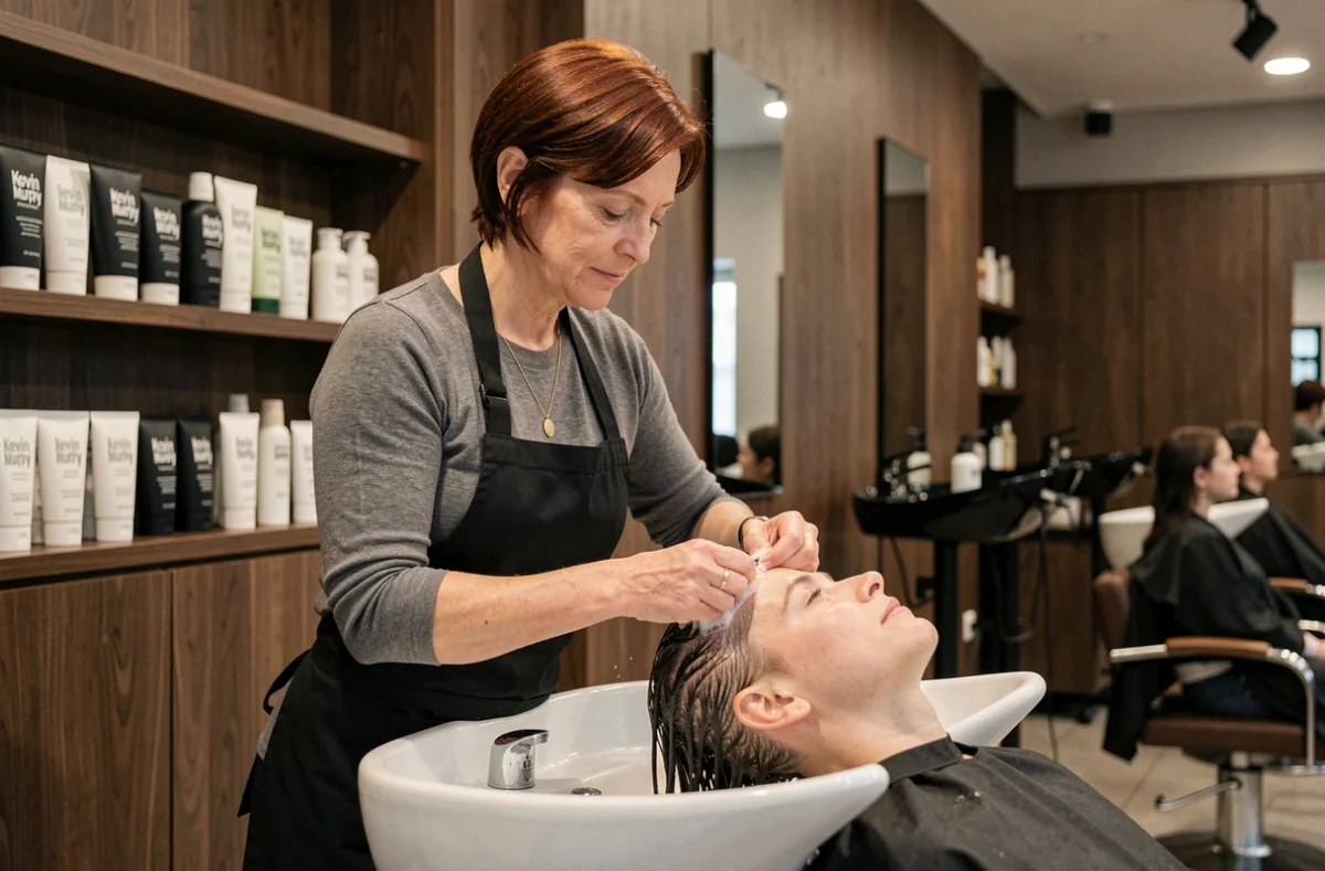 Coiffeuse professionnelle appliquant le shampoing Kevin Murphy sur une cliente dans un salon moderne