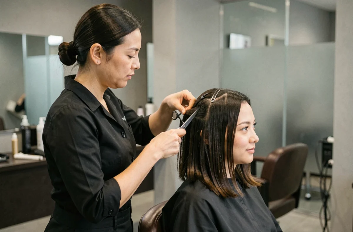 Coiffeuse professionnelle coupant les cheveux fins et plats d'une cliente dans un salon moderne
