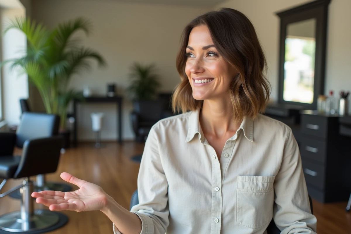 Femme avec coupe bob en salon moderne et lumineux