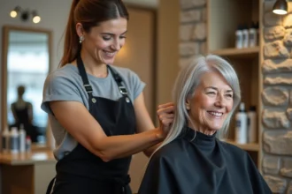 Coiffeuse souriante coiffant une cliente aux cheveux gris naturels