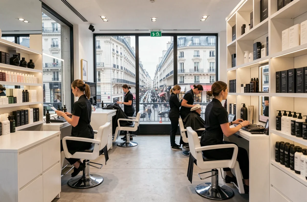 Salon Coiffirst au Printemps Haussmann à Paris, espace coiffure moderne avec vue sur le boulevard parisien