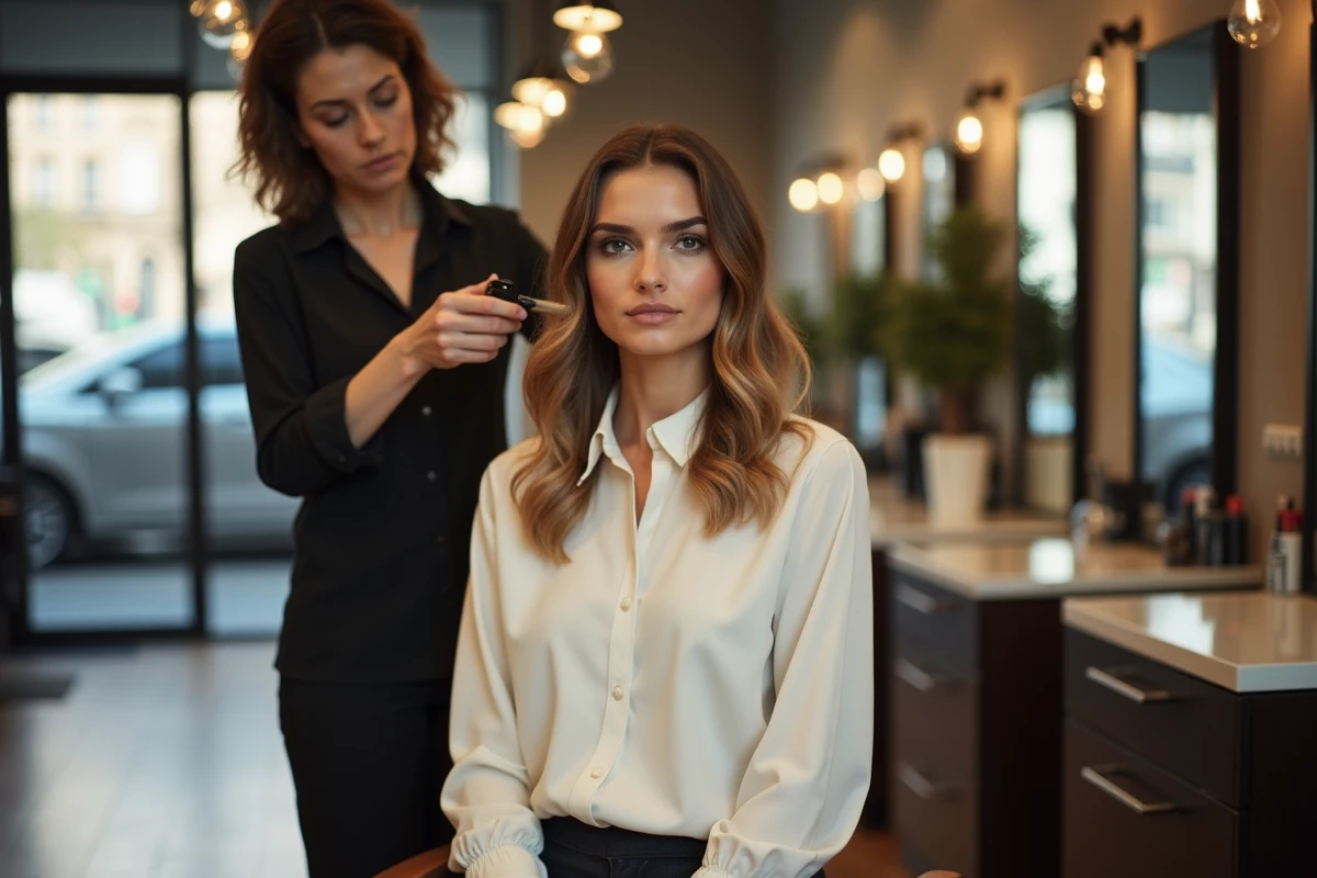 Femme chic avec carré dégradé dans un salon moderne