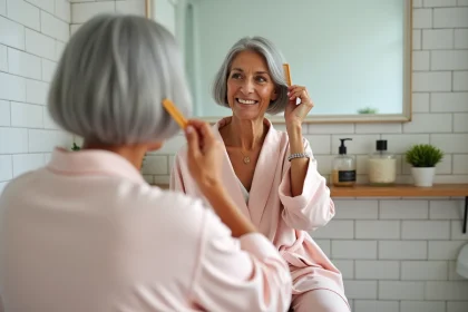 Femme de 70 ans entretenant sa coiffure courte argentée devant un miroir dans sa salle de bain à domicile