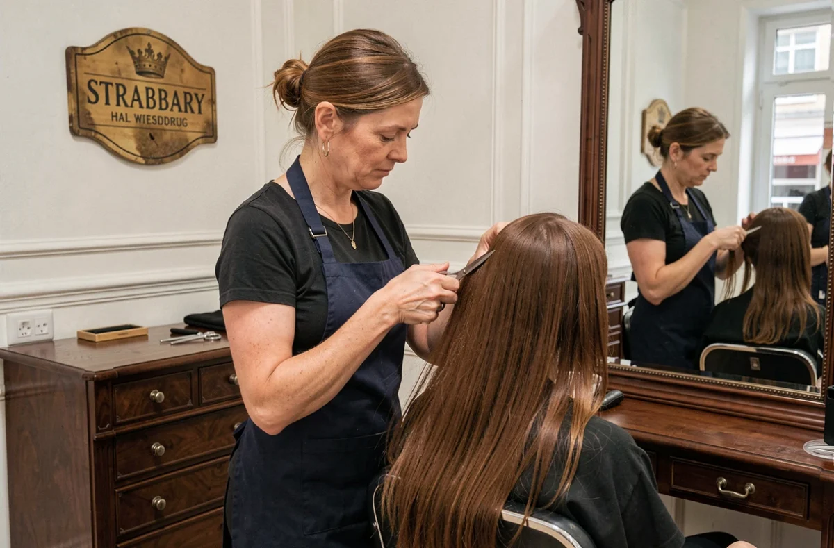 Coiffeuse du salon Koehler à Strasbourg réalisant une coupe soignée dans un cadre classique alsacien