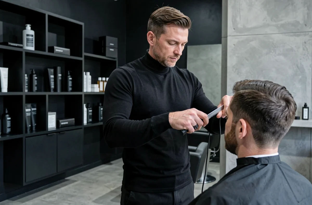 Coiffeur Benjamin Stalter réalisant une coupe précise dans le salon Kraemer à Mundolsheim