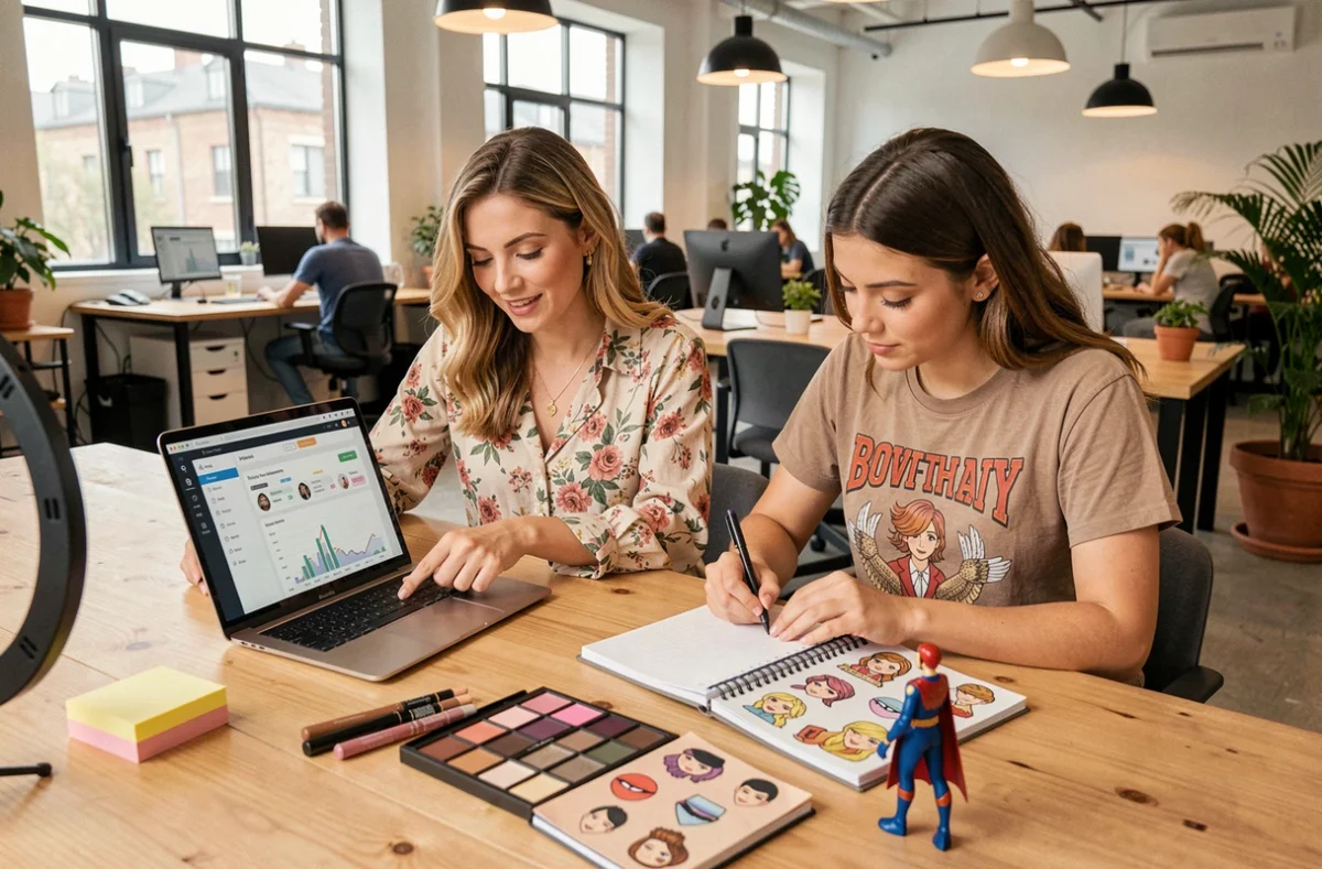 Deux blogueuses collaborant sur une stratégie SEO alliant beauté et culture geek dans un espace de coworking moderne avec ordinateur et produits cosmétiques