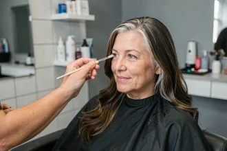 Femme aux racines blanches se faisant appliquer une coloration de racines sans démarcation par une coloriste en salon de coiffure
