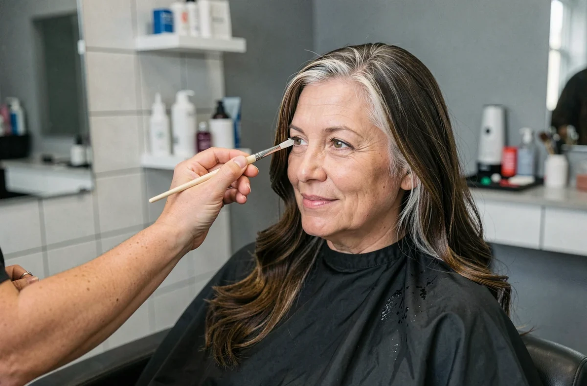 Femme aux racines blanches se faisant appliquer une coloration de racines sans démarcation par une coloriste en salon de coiffure