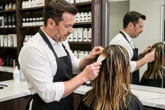 Coloriste professionnel appliquant un soin de couleur réparateur sur des cheveux abîmés dans un salon parisien haut de gamme