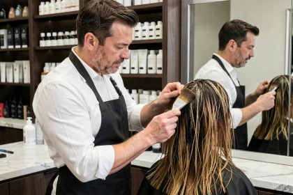 Coloriste professionnel appliquant un soin de couleur réparateur sur des cheveux abîmés dans un salon parisien haut de gamme