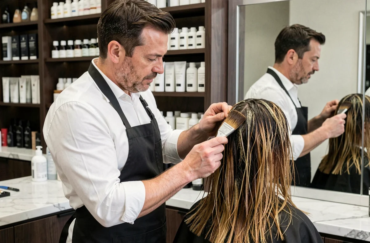 Coloriste professionnel appliquant un soin de couleur réparateur sur des cheveux abîmés dans un salon parisien haut de gamme