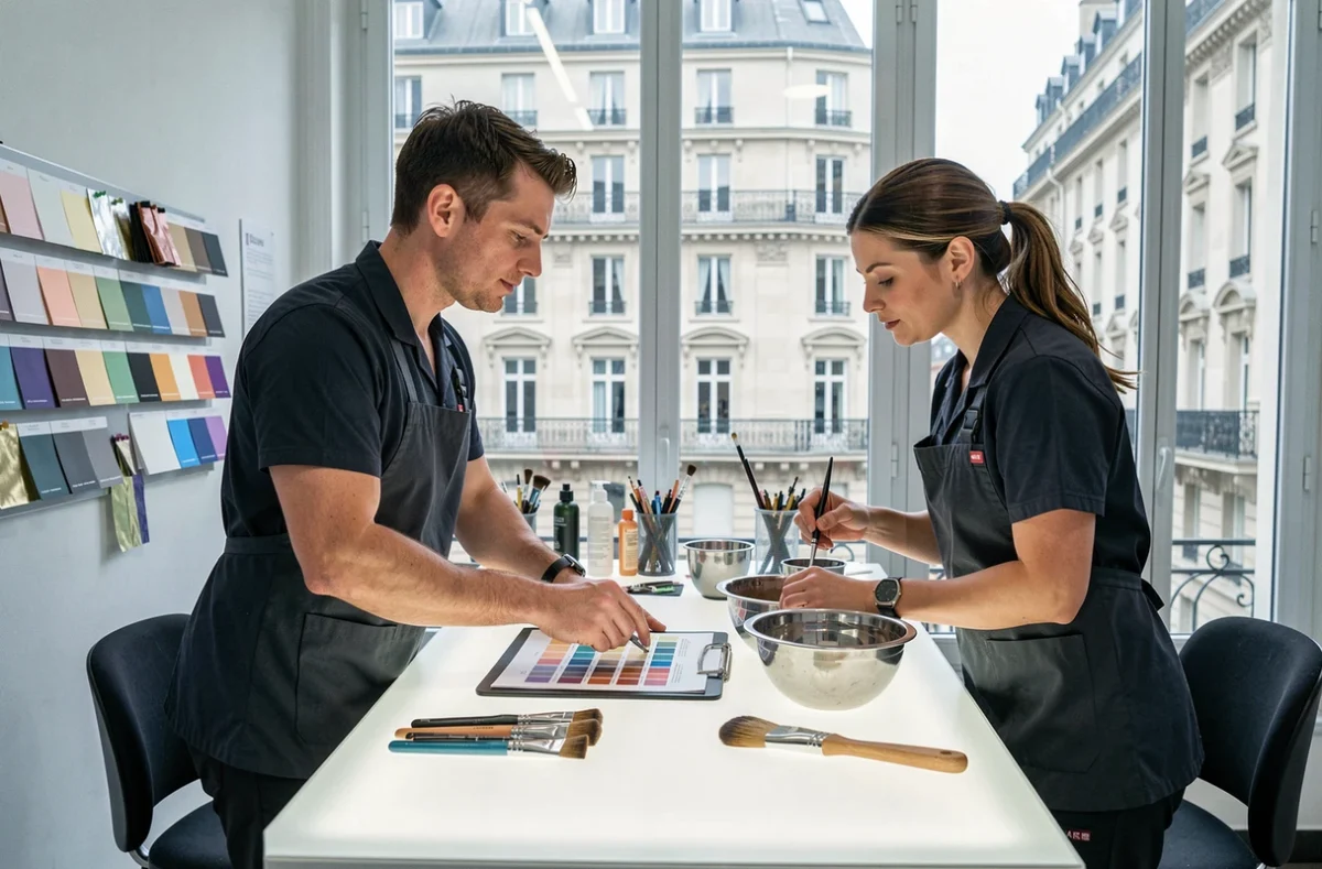 Deux coloristes parisiens professionnels collaborant sur des formules de correction de couleur pour cheveux abîmés dans un atelier de coiffure haut de gamme