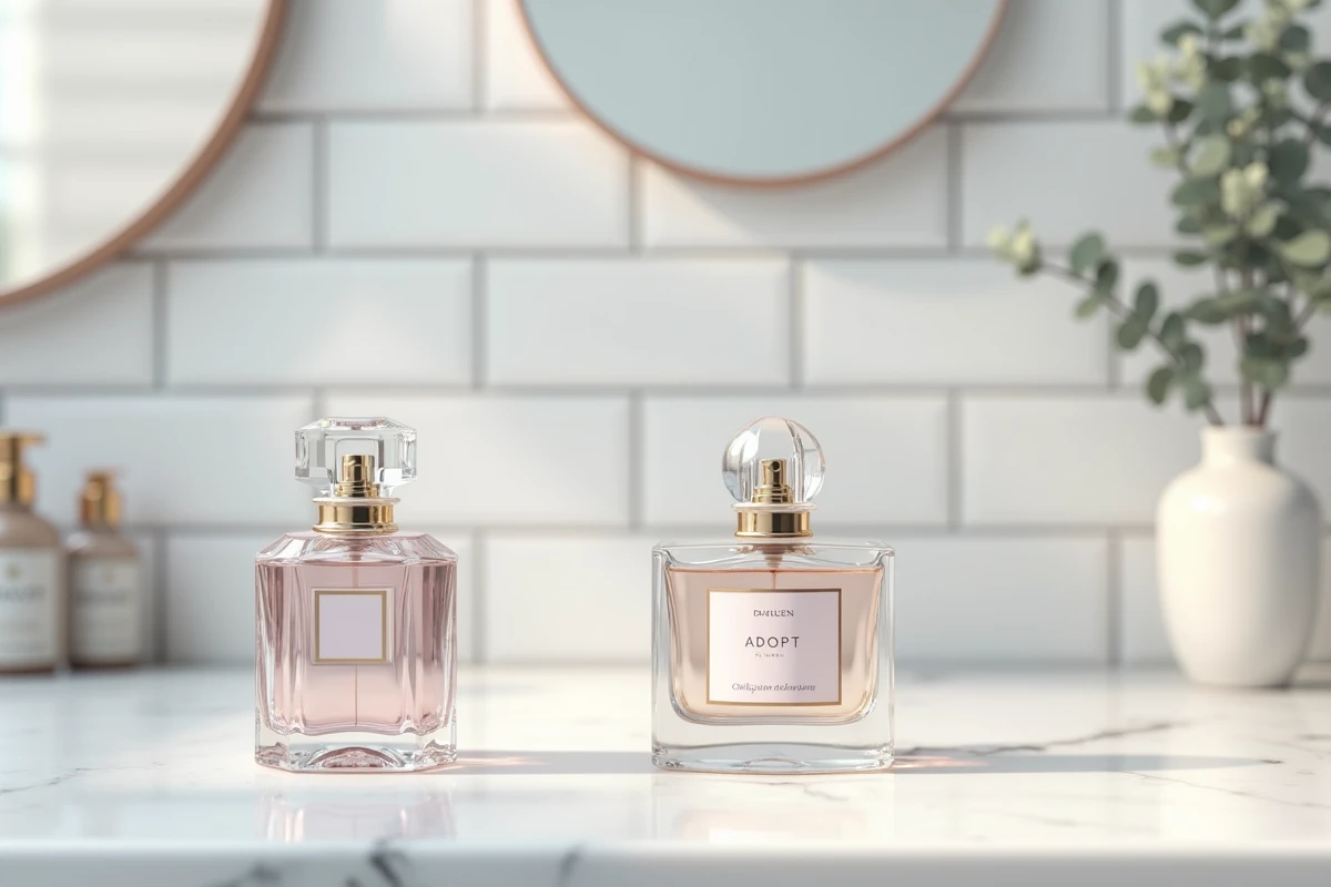 Comparaison entre un flacon de parfum de luxe et son alternative dupe Adopt posés sur un plan en marbre blanc dans une salle de bain moderne