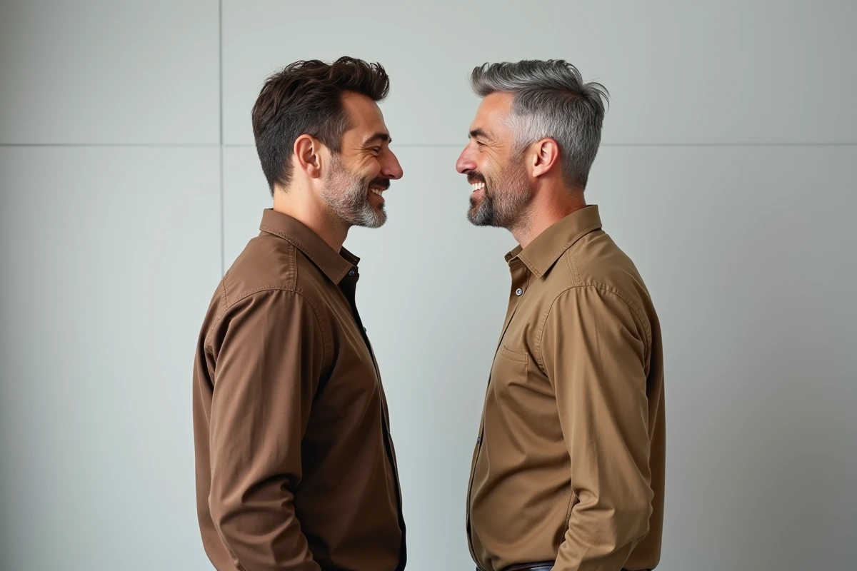 Comparaison de deux hommes côte à côte, l'un avec une teinture cheveux bruns uniformes et l'autre avec des mèches poivre et sel naturelles, pour illustrer les options de coloration pour hommes